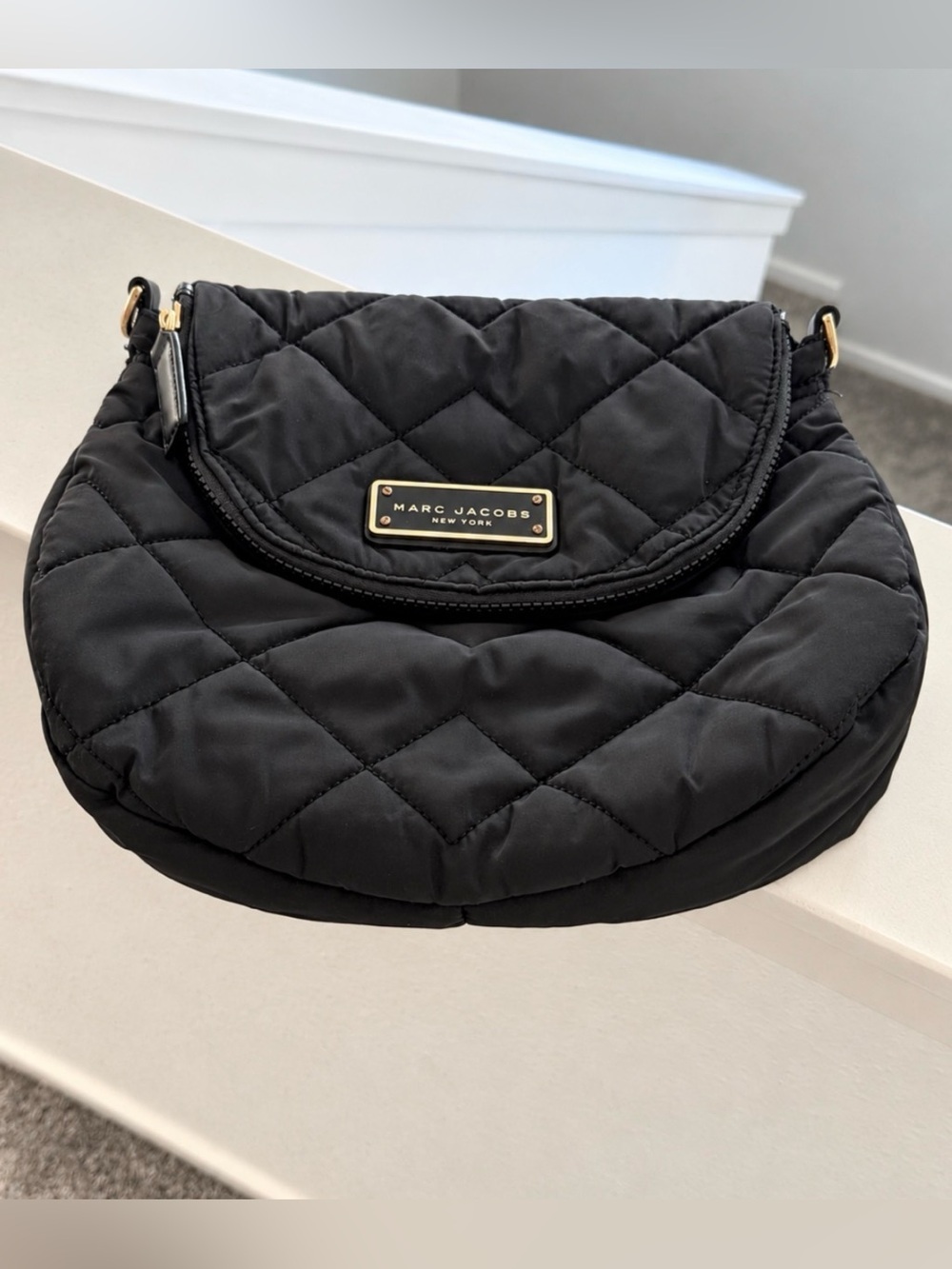 MARC JACOBS Quilted Nylon Messenger Bag in Black with Gold (No Strap)
